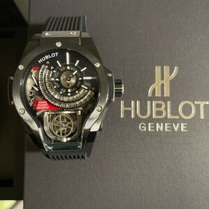 Hublot Black and Silver Skeleton Dial Watch
